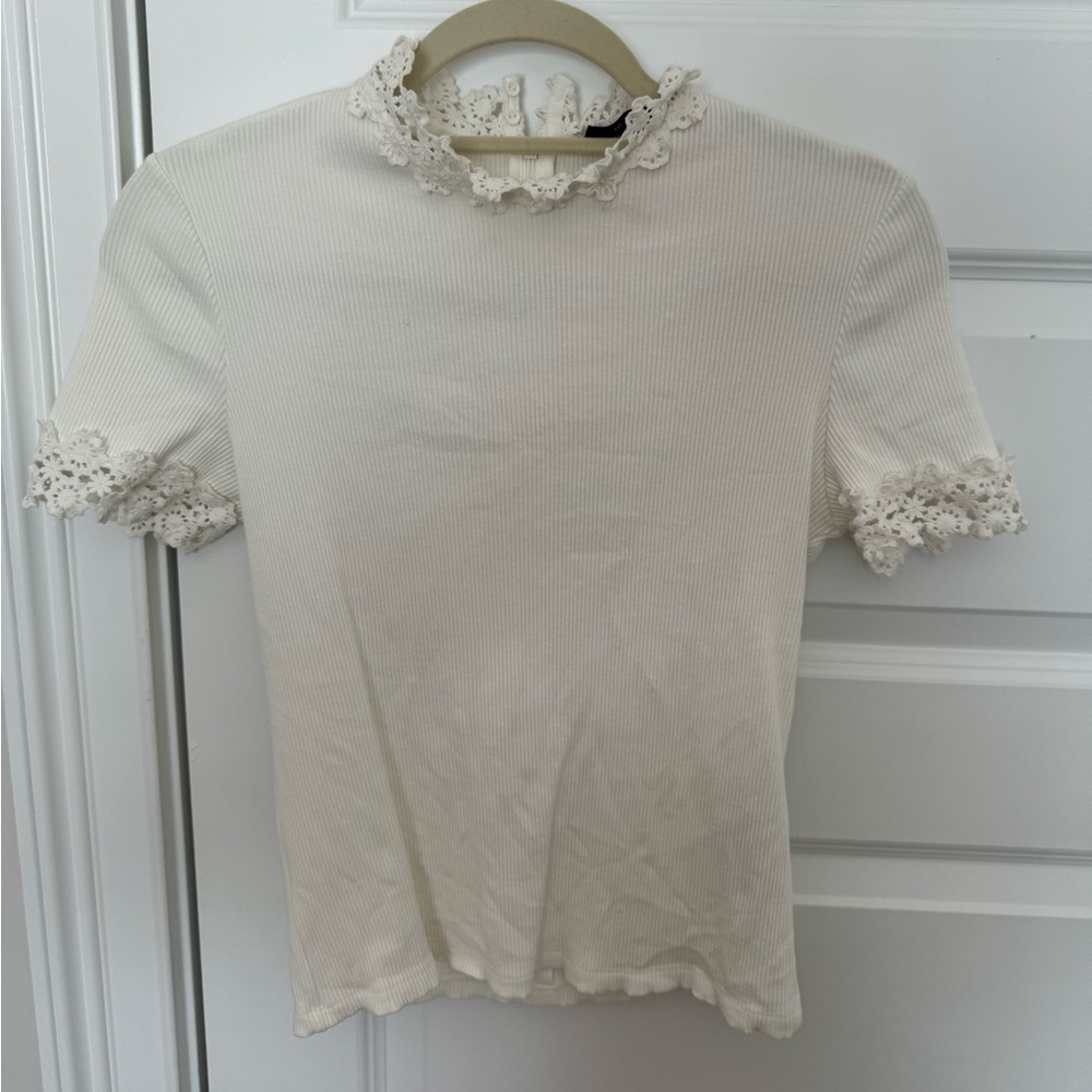 Sandro Paris Ribbed Top with Crochet Detail in Cream